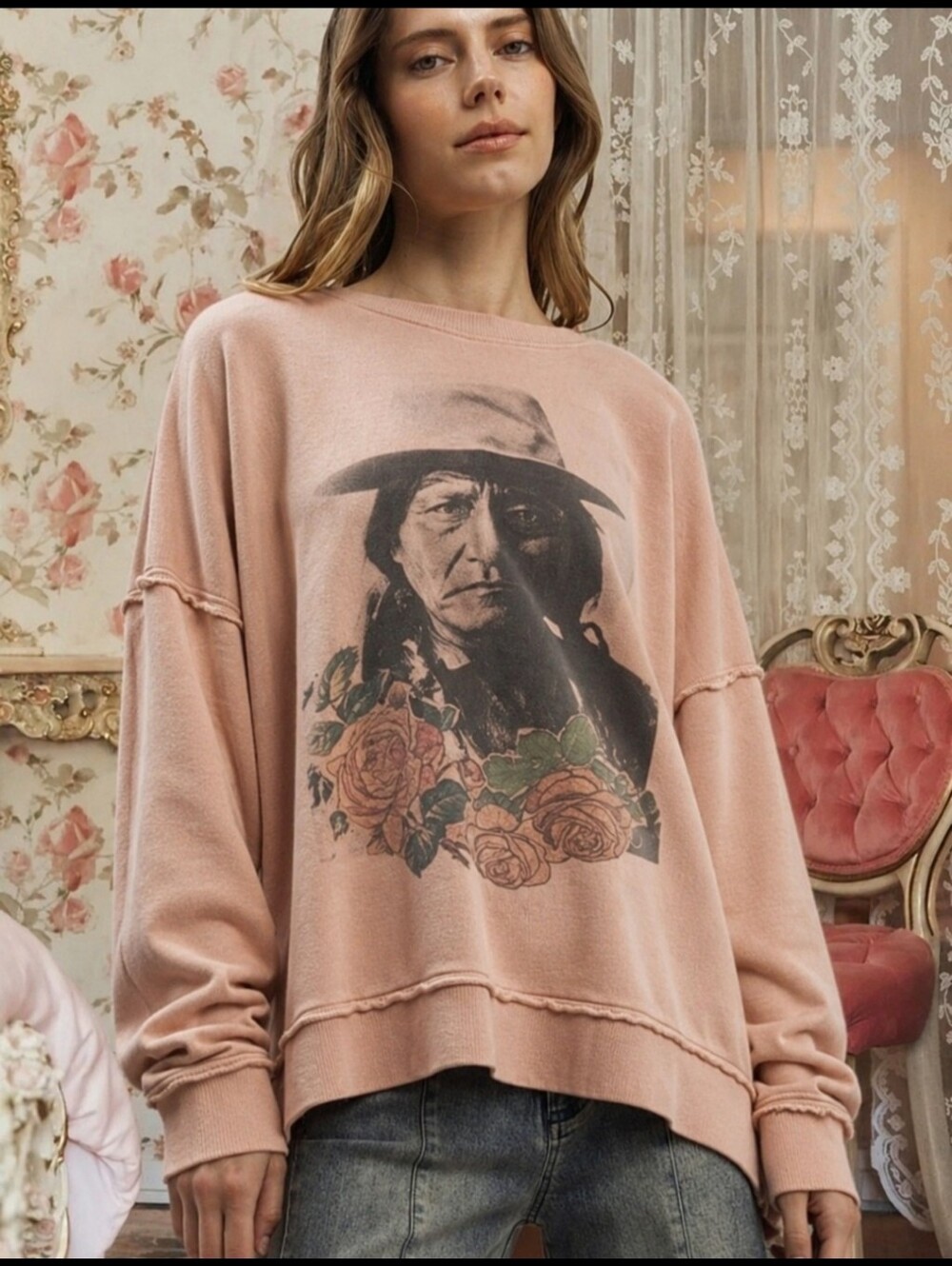 Magnolia Look Free Style Native Graphic Oversized Sweater Boho Sweatshirt Top S